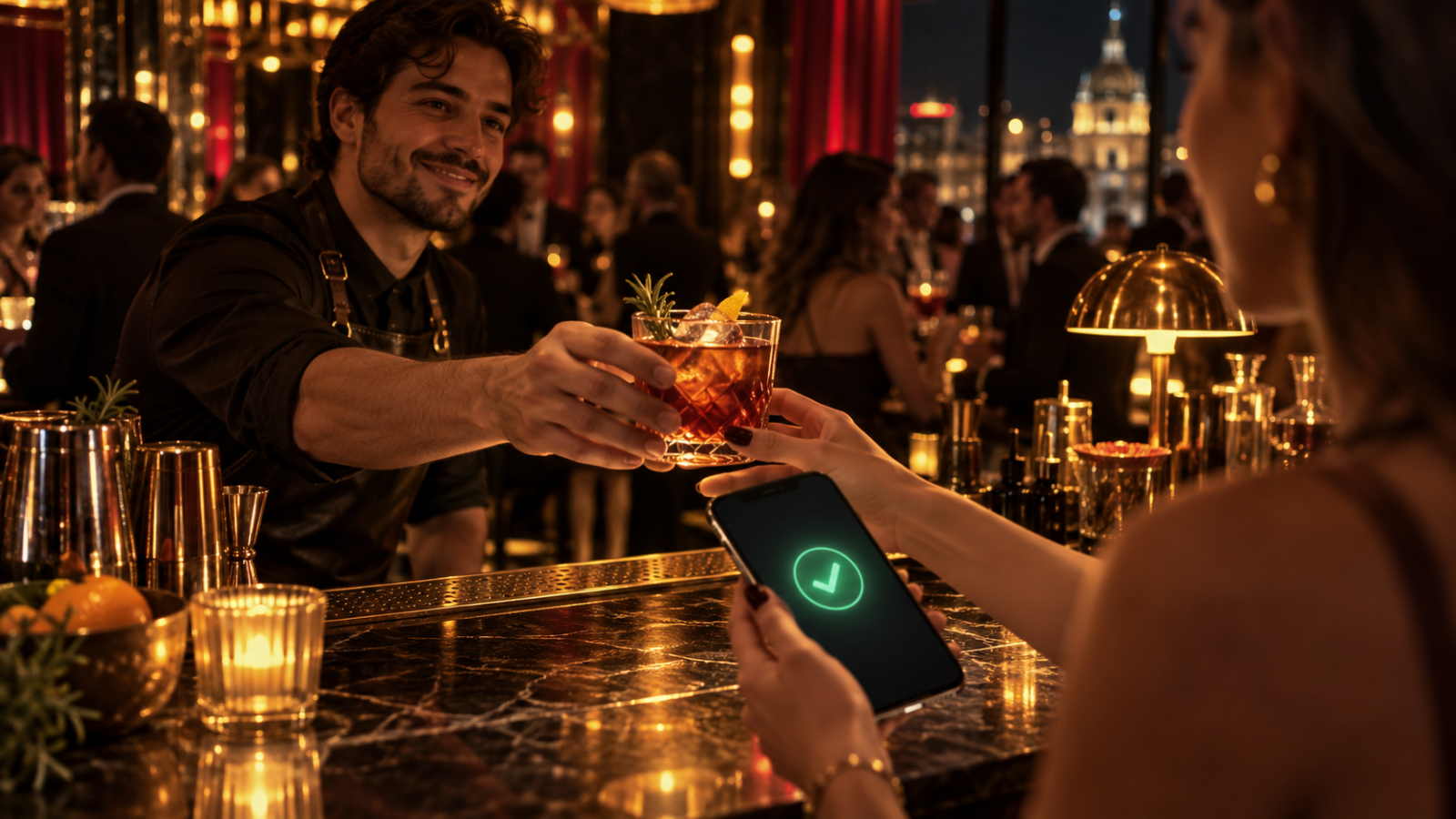 Bartender entrega un trago mientras el celular muestra el token confirmado