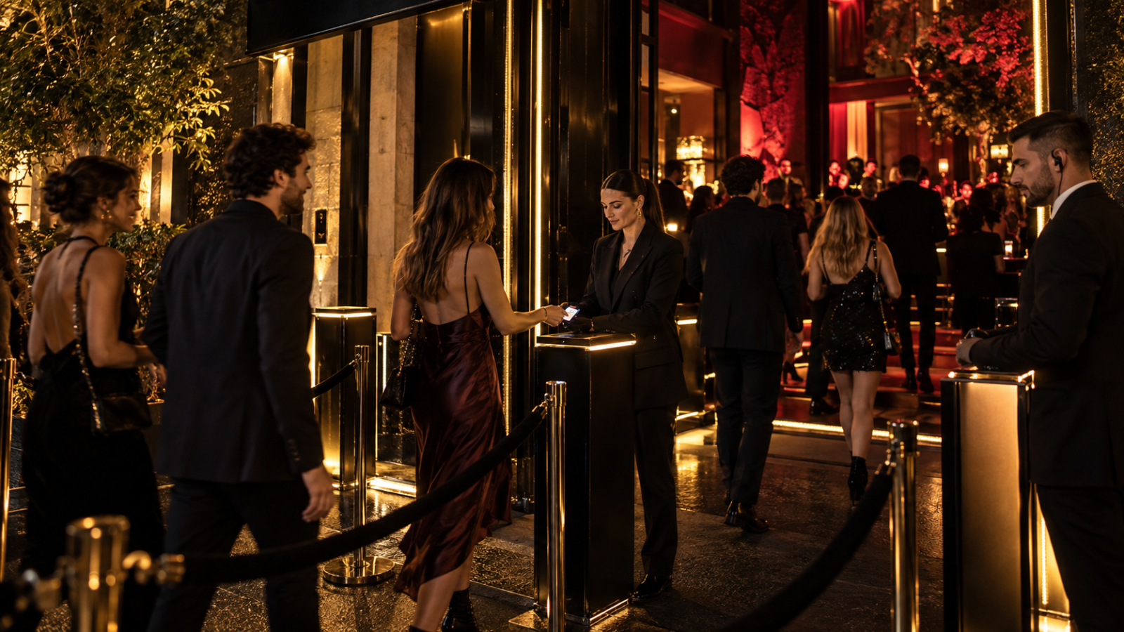 Fila fluida en la puerta de un club: una persona entra acercando su Pass